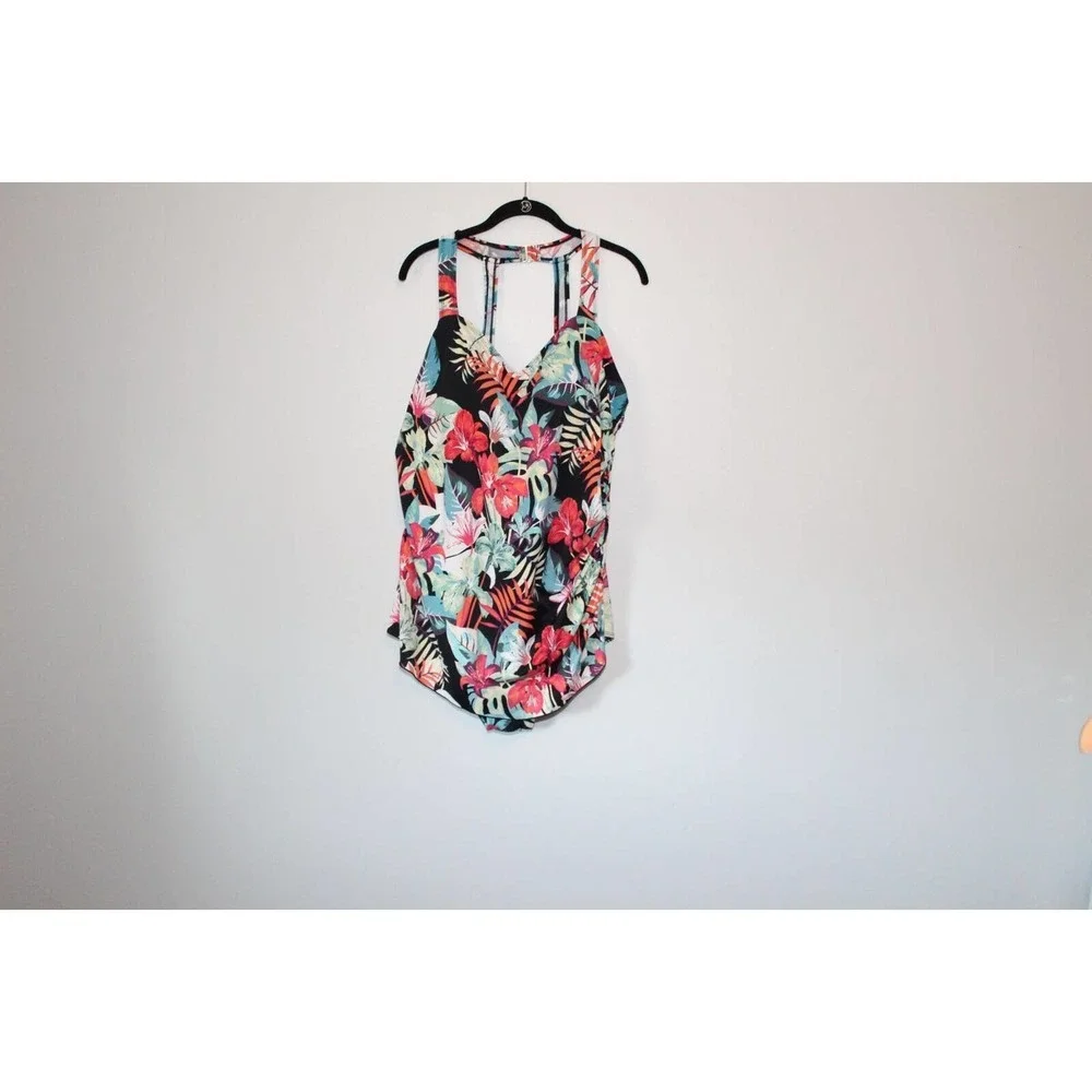 Swim 365 Tropical Floral Sarong Front One Piece Swimsuit Plus Size 24 H14334 - Picture 8 of 12